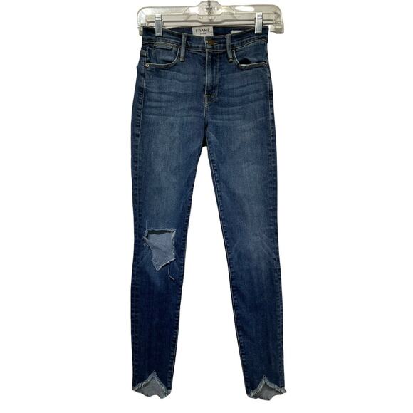 FRAME Denim Le High Skinny Blue Heren Raw Hem Crop Distressed Jeans Size 24 - Picture 1 of 6